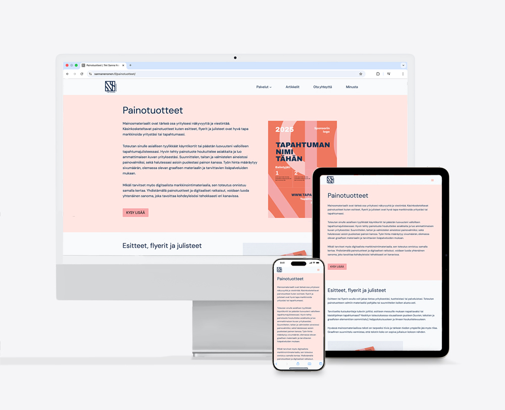 Verkkosivuprojektin sivunäkymä eri päätelaitteissa.