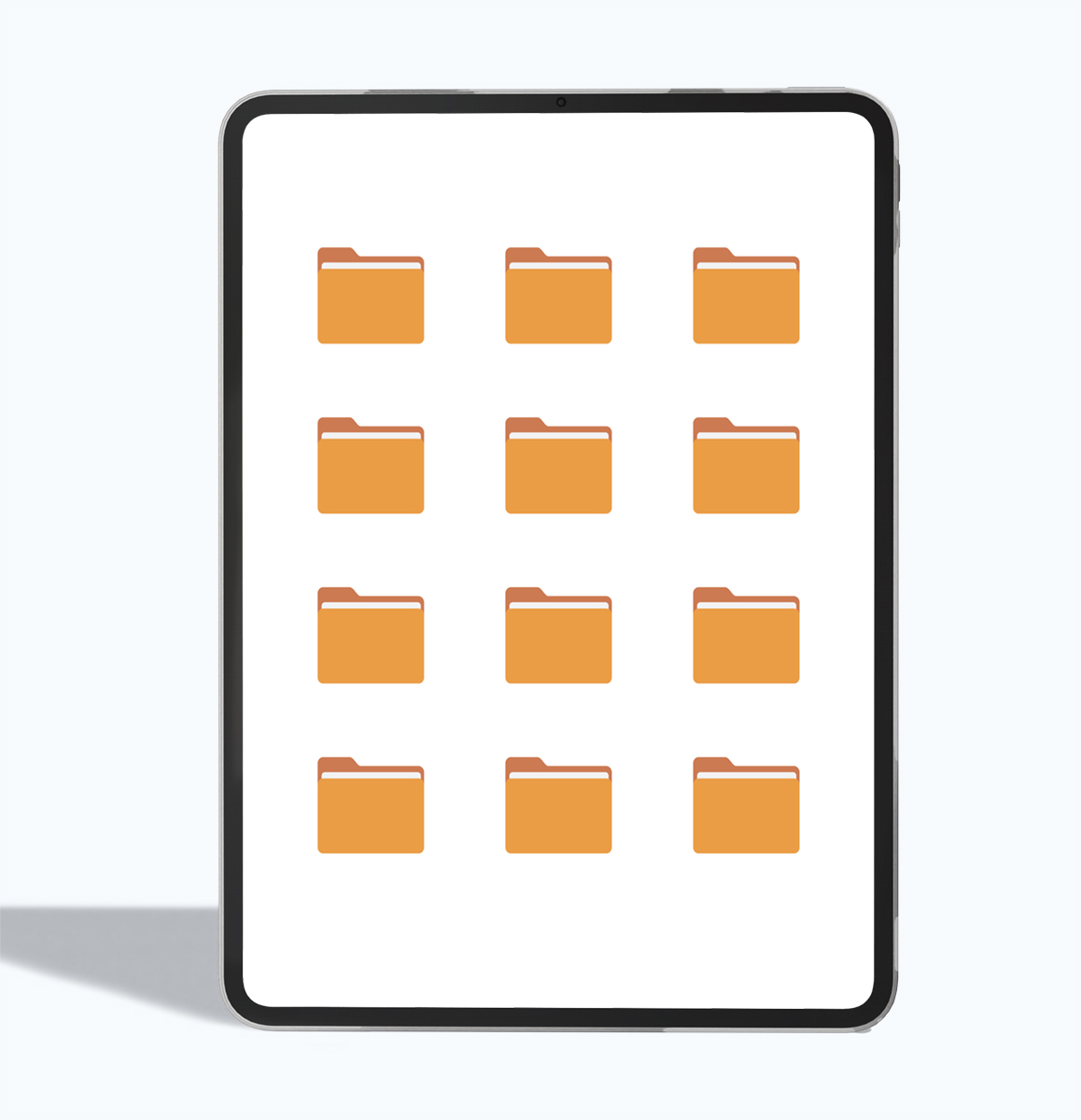 Tabletti jonka näytöllä tiedostokansio-kuvakkeita.