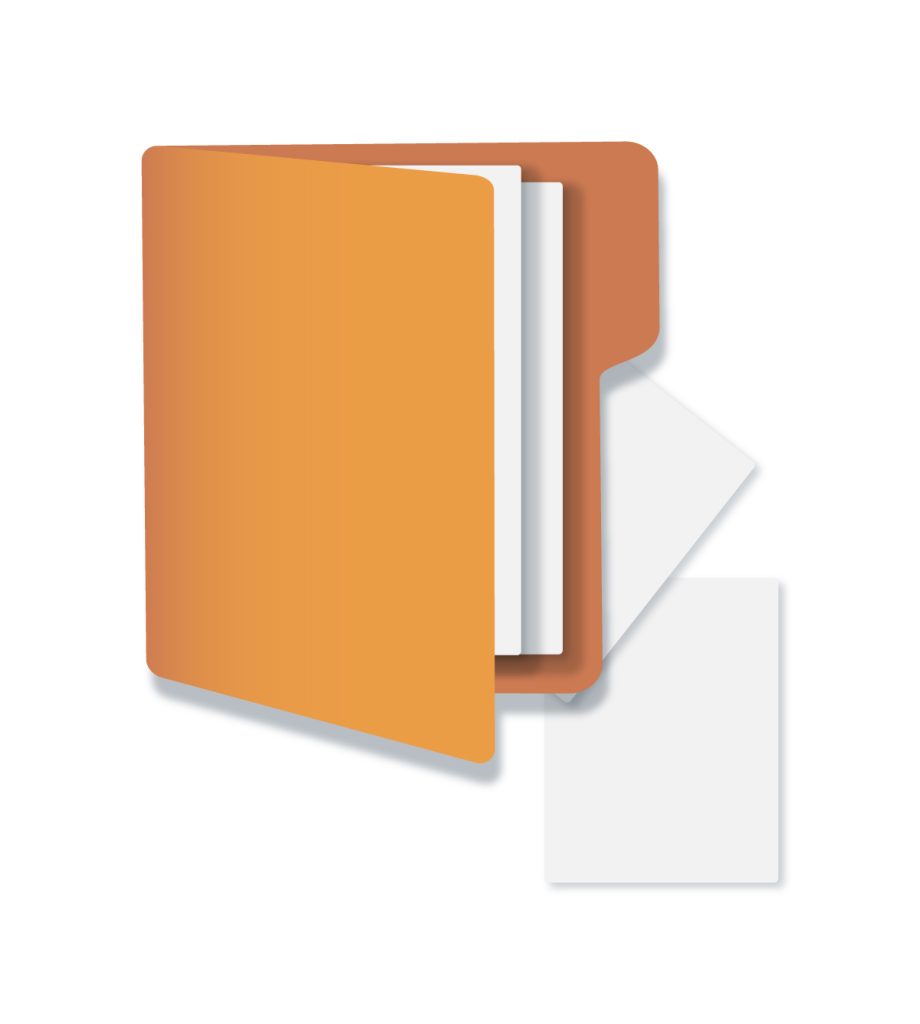 Piirroskuva avoimesta kansiosta josta leviää ulos papereita.