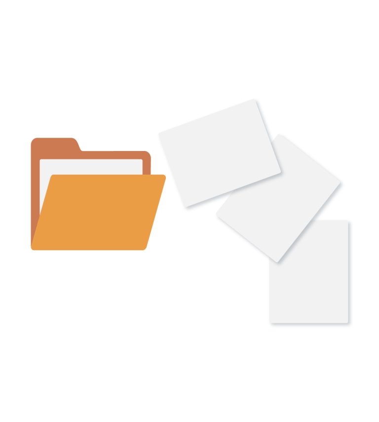 Piirroskuva avoimesta kansiosta josta lentää ulos papereita.